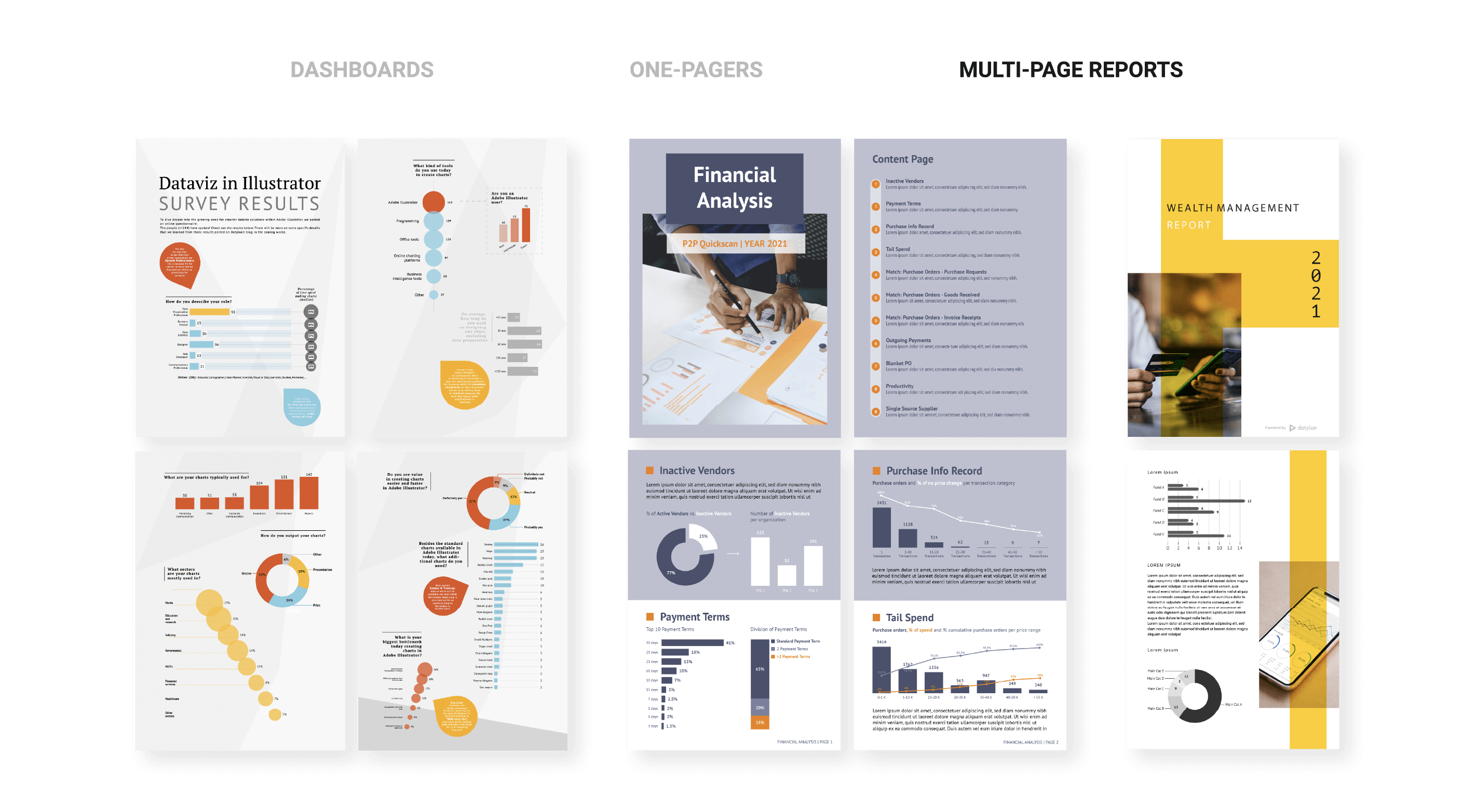With Datylon data visualization tools you can create different types of data stories. This image shows a few examples of multi-page reports designed and automated with Datylon.